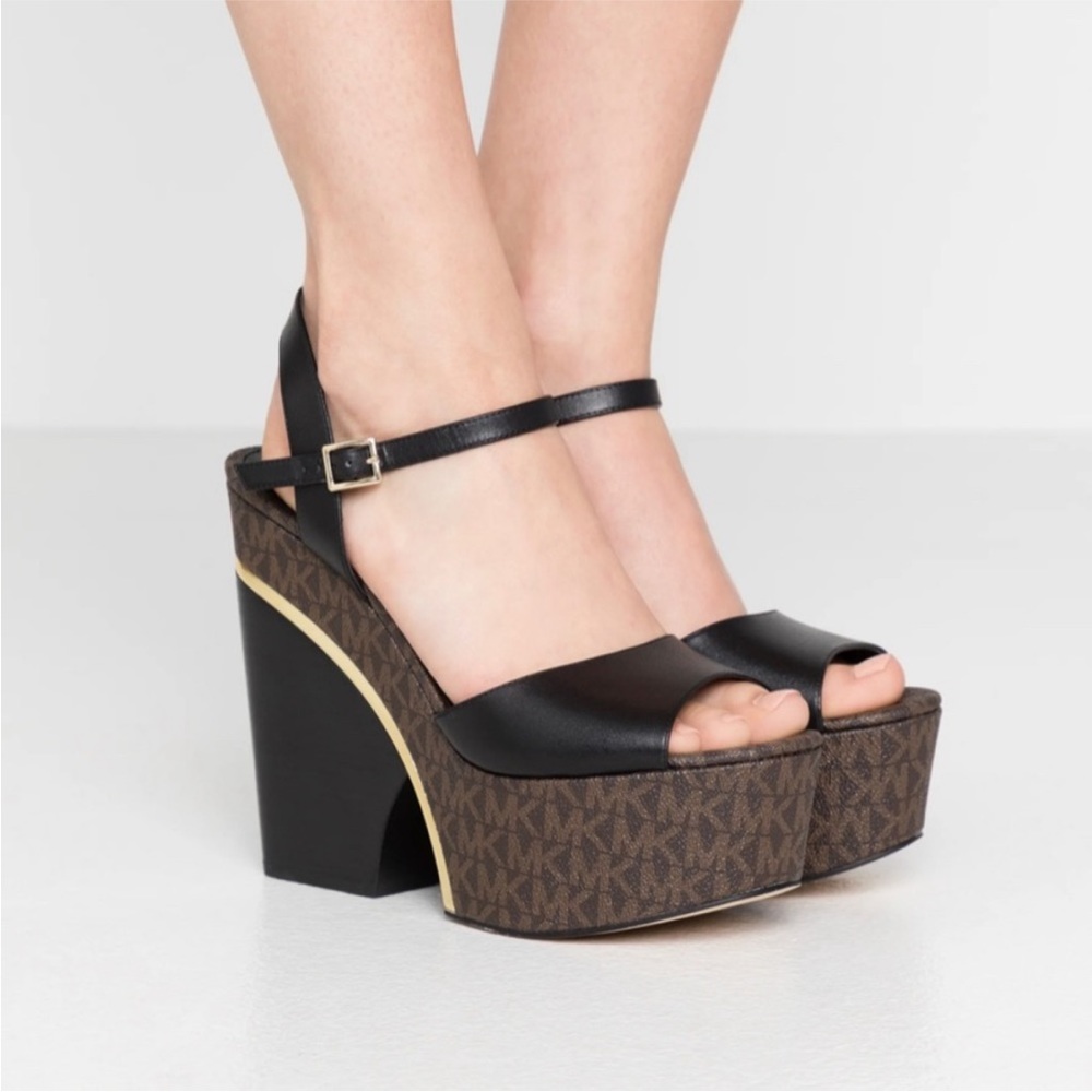 Michael Kors logo platform wedge high heel sandals black brown sz 8